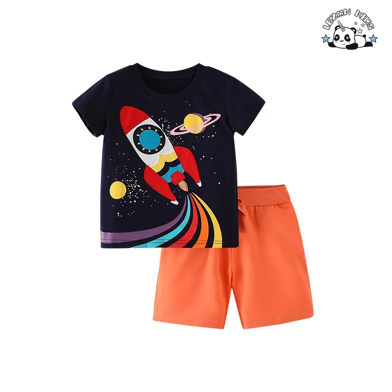 LEZONKIDS - High-quality Baby Boys 2PCS Sets Short Sleeve Rocket Printed T-shirt & Shorts Summer Boys Clothing Set
